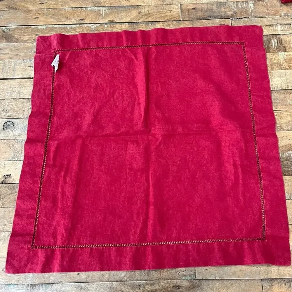 Pottery Barn Hemstitch Linen Square Dinner Napkins Set of 3 Red 22